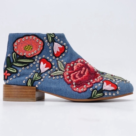 Jeffrey Campbell Shoes - Jeffrey Campbell Embroidered Floral Denim Chambray Ankle Boots 8